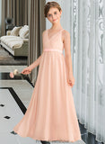 Maryjane A-Line V-neck Floor-Length Chiffon Junior Bridesmaid Dress With Ruffle Bow(s) STKP0013402