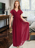 Ana A-Line V-neck Floor-Length Chiffon Junior Bridesmaid Dress With Ruffle STKP0013405