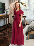 Ana A-Line V-neck Floor-Length Chiffon Junior Bridesmaid Dress With Ruffle STKP0013405