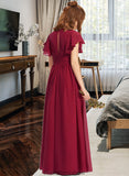 Ana A-Line V-neck Floor-Length Chiffon Junior Bridesmaid Dress With Ruffle STKP0013405