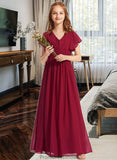 Ana A-Line V-neck Floor-Length Chiffon Junior Bridesmaid Dress With Ruffle STKP0013405