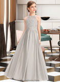 Janessa A-Line Scoop Neck Floor-Length Chiffon Lace Junior Bridesmaid Dress With Ruffle STKP0013409