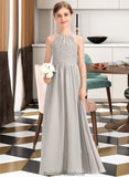 Janessa A-Line Scoop Neck Floor-Length Chiffon Lace Junior Bridesmaid Dress With Ruffle STKP0013409