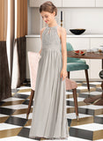 Janessa A-Line Scoop Neck Floor-Length Chiffon Lace Junior Bridesmaid Dress With Ruffle STKP0013409