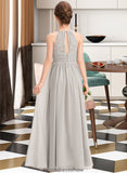 Janessa A-Line Scoop Neck Floor-Length Chiffon Lace Junior Bridesmaid Dress With Ruffle STKP0013409