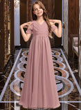 Marianna A-Line V-neck Floor-Length Chiffon Junior Bridesmaid Dress With Cascading Ruffles STKP0013413