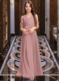 Marianna A-Line V-neck Floor-Length Chiffon Junior Bridesmaid Dress With Cascading Ruffles STKP0013413