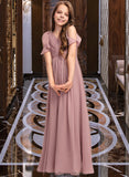 Marianna A-Line V-neck Floor-Length Chiffon Junior Bridesmaid Dress With Cascading Ruffles STKP0013413