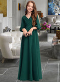 Karly A-Line V-neck Floor-Length Chiffon Junior Bridesmaid Dress With Ruffles STKP0013427