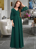 Karly A-Line V-neck Floor-Length Chiffon Junior Bridesmaid Dress With Ruffles STKP0013427