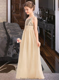 Kaya A-Line V-neck Floor-Length Chiffon Sequined Junior Bridesmaid Dress With Ruffle STKP0013430