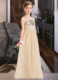 Kaya A-Line V-neck Floor-Length Chiffon Sequined Junior Bridesmaid Dress With Ruffle STKP0013430