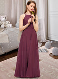 Kaya A-Line Square Neckline Floor-Length Chiffon Lace Junior Bridesmaid Dress STKP0013434