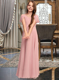 Emelia A-Line V-neck Floor-Length Chiffon Junior Bridesmaid Dress With Ruffle STKP0013437