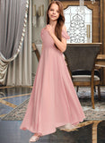 Emelia A-Line V-neck Floor-Length Chiffon Junior Bridesmaid Dress With Ruffle STKP0013437