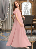 Emelia A-Line V-neck Floor-Length Chiffon Junior Bridesmaid Dress With Ruffle STKP0013437