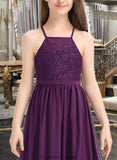 Claudia A-Line Square Neckline Floor-Length Chiffon Lace Junior Bridesmaid Dress With Bow(s) STKP0013438