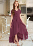 Daisy A-Line V-neck Asymmetrical Chiffon Lace Junior Bridesmaid Dress With Ruffle STKP0013453