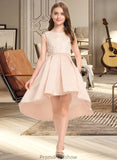 Setlla A-Line Scoop Neck Asymmetrical Satin Lace Junior Bridesmaid Dress With Beading Pockets STKP0013455