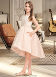 Setlla A-Line Scoop Neck Asymmetrical Satin Lace Junior Bridesmaid Dress With Beading Pockets STKP0013455