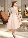 Setlla A-Line Scoop Neck Asymmetrical Satin Lace Junior Bridesmaid Dress With Beading Pockets STKP0013455