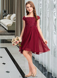 Cailyn A-Line Off-the-Shoulder Knee-Length Chiffon Lace Junior Bridesmaid Dress With Bow(s) STKP0013456