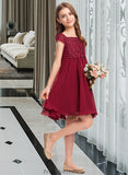 Cailyn A-Line Off-the-Shoulder Knee-Length Chiffon Lace Junior Bridesmaid Dress With Bow(s) STKP0013456