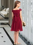 Cailyn A-Line Off-the-Shoulder Knee-Length Chiffon Lace Junior Bridesmaid Dress With Bow(s) STKP0013456