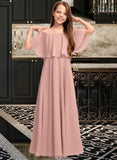 Hillary A-Line Off-the-Shoulder Floor-Length Chiffon Junior Bridesmaid Dress With Ruffle STKP0013459