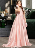 Millie Ball-Gown/Princess Off-the-Shoulder Sweep Train Satin Lace Junior Bridesmaid Dress STKP0013460