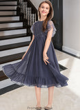 Lily A-Line Scoop Neck Knee-Length Chiffon Lace Junior Bridesmaid Dress With Cascading Ruffles STKP0013462