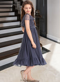 Lily A-Line Scoop Neck Knee-Length Chiffon Lace Junior Bridesmaid Dress With Cascading Ruffles STKP0013462