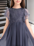 Lily A-Line Scoop Neck Knee-Length Chiffon Lace Junior Bridesmaid Dress With Cascading Ruffles STKP0013462