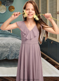 Alina A-Line V-neck Floor-Length Chiffon Junior Bridesmaid Dress With Cascading Ruffles STKP0013464