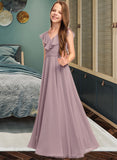 Alina A-Line V-neck Floor-Length Chiffon Junior Bridesmaid Dress With Cascading Ruffles STKP0013464