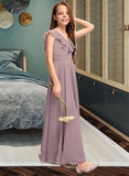 Alina A-Line V-neck Floor-Length Chiffon Junior Bridesmaid Dress With Cascading Ruffles STKP0013464