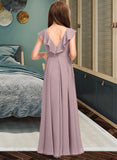 Alina A-Line V-neck Floor-Length Chiffon Junior Bridesmaid Dress With Cascading Ruffles STKP0013464