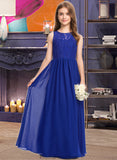 Caylee A-Line Scoop Neck Floor-Length Chiffon Lace Junior Bridesmaid Dress STKP0013469