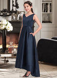 Fatima A-Line V-neck Asymmetrical Satin Junior Bridesmaid Dress STKP0013471