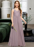 Aileen A-Line V-neck Floor-Length Chiffon Lace Junior Bridesmaid Dress STKP0013476