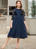 Kimora A-Line Scoop Neck Tea-Length Chiffon Lace Junior Bridesmaid Dress STKP0013477