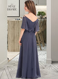 Hannah A-Line Off-the-Shoulder Floor-Length Chiffon Junior Bridesmaid Dress With Ruffle Bow(s) STKP0013479