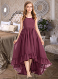 Priscilla A-Line Scoop Neck Asymmetrical Chiffon Junior Bridesmaid Dress With Bow(s) Cascading Ruffles STKP0013480