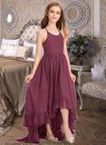 Priscilla A-Line Scoop Neck Asymmetrical Chiffon Junior Bridesmaid Dress With Bow(s) Cascading Ruffles STKP0013480