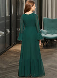 Raquel A-Line V-neck Floor-Length Chiffon Junior Bridesmaid Dress With Bow(s) Cascading Ruffles STKP0013484