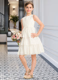 Mariam A-Line Scoop Neck Knee-Length Chiffon Junior Bridesmaid Dress With Bow(s) Cascading Ruffles STKP0013487