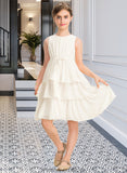 Mariam A-Line Scoop Neck Knee-Length Chiffon Junior Bridesmaid Dress With Bow(s) Cascading Ruffles STKP0013487