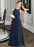 Corinne A-Line Scoop Neck Floor-Length Chiffon Lace Junior Bridesmaid Dress With Ruffle Beading STKP0013488