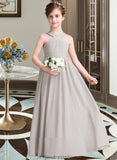 Frida A-Line V-neck Floor-Length Chiffon Junior Bridesmaid Dress With Ruffle Bow(s) STKP0013491