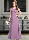 Maeve A-Line V-neck Floor-Length Chiffon Junior Bridesmaid Dress With Bow(s) Cascading Ruffles STKP0013494